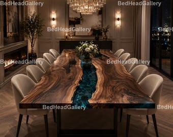 Premium Walnut River Coffee Table, Blue Resin Live Edge Table, Modern Living Room Centerpiece, Custom Wood Furniture Epoxy Dining Table |