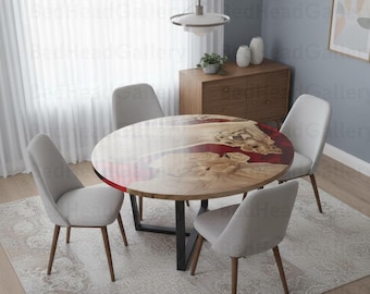 Luxury Round Live Edge Dining Table with Red Epoxy River – Modern Wood & Resin Furniture Custom Live Edge Resin Dining Coffee Tabletop |