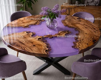 Round Purple Resin Dining Table, Epoxy River Table, Handmade Modern Dining Table, Luxury Wood Resin Contemporary Kitchen & Dining Tabletop |
