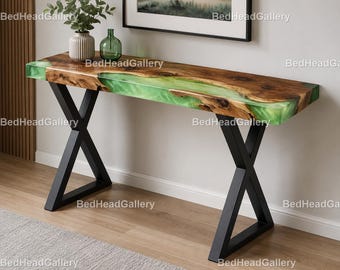 Live Edge Resin Console Table, Green Epoxy River Entryway Table, Walnut Wood Sofa Table Modern Live Edge Walnut Hallway Entryway Tabletop |
