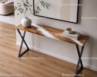 Rustic Wood Epoxy Resin Console Table – White Resin River Table – Handmade Modern Entryway Table White Epoxy Resin Console Tabletop |