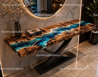 Handcrafted Blue Resin River Console Table | Modern Coastal Wood Entryway Furniture