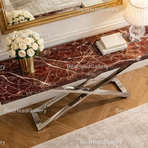 高級レッドマーブルコンソールテーブルトップ、耐久性のある表面の玄関装飾、耐熱性・耐傷性、エレガントな廊下アクセント化粧台ソファテーブルトップ |