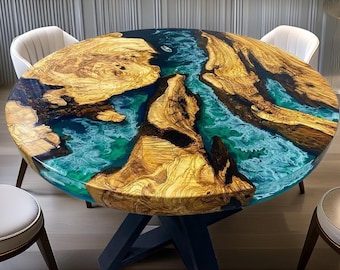 Luxury Round Epoxy Resin Dining Table – Handmade Live Edge Wood & Turquoise River Table | Modern Rustic Statement Furniture, EPOXY TABLE TOP