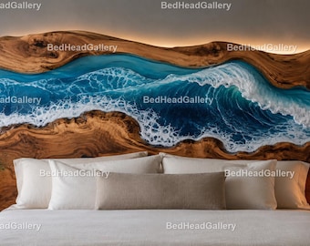 Ocean Wave Resin Bed Headboard, Live Edge Wood Headboard, Coastal Bedroom Decor, Epoxy Resin Wall Art Bedhead, Handmade Headboard |