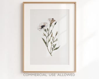 Minimalistische Blumen Digitaldruck Wandkunst für kommerzielle Nutzung in neutralem Aquarell Stil | Herunterladbare Kunst