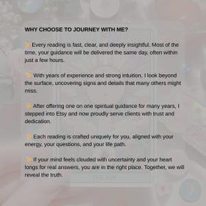 May include: A tarot card with the text "WHY CHOOSE TO JOURNEY WITH ME?" and bullet points describing the benefits of a reading. The card features the sun symbol and the words "THE SUN" at the bottom. The background is a soft, blurred mix of colors.