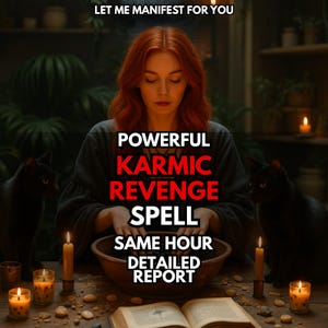 May include: An image with the text "LET ME MANIFEST FOR YOU". The image shows a person with red hair, candles, black cats, and the text "POWERFUL KARMIC REVENGE SPELL SAME HOUR DETAILED REPORT".