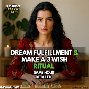 Puede incluir: Una mujer con cabello oscuro y una blusa roja está sentada en una mesa de madera. El texto en la imagen dice "DREAM FULFILLMENT & MAKE A 3 WISH RITUAL". Tres cartas de tarot están sobre la mesa. También incluye el texto "SAME HOUR DETAILED".