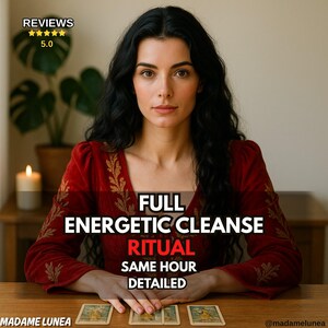 May include: A woman with long black hair wearing a red dress with gold embroidery. The image includes text that reads "FULL ENERGETIC CLEANSE RITUAL SAME HOUR DETAILED". Three tarot cards are on the table. The image also includes the text "MADAME LUNEA".