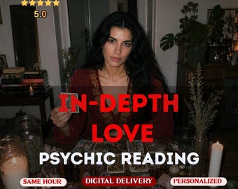 May include: A person in a dark red long-sleeved top sits at a table with tarot cards, candles, and crystals. Text overlays read: REVIEWS 5.0, IN-DEPTH LOVE PSYCHIC READING, SAME HOUR, DIGITAL DELIVERY, PERSONALIZED, and MADAME LUNEA.