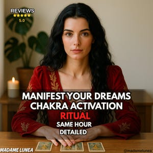 May include: A woman with long black hair wearing a red dress with gold embroidery. Text on the image reads "MANIFEST YOUR DREAMS, CHAKRA ACTIVATION, RITUAL, SAME HOUR, DETAILED." Three tarot cards are on the table.