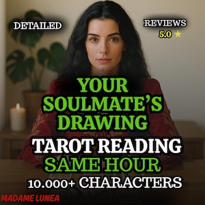 Op de afbeelding: Een vrouw met donker haar staat centraal in de afbeelding. Tekst in groen en wit luidt: "UW ZIELSMATE'S TEKENING, TAROT READING, ZELFDE UUR, 10.000+ TEKENS." Het woord "GEDETAILLEERD" staat linksboven en "REVIEWS 5.0" rechtsboven.