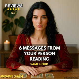 Może przedstawiać: Kobieta z długimi czarnymi włosami i czerwoną sukienką siedzi przy drewnianym stole z kartami tarota. Tekst brzmi "6 Messages From Your Person Reading Same Hour" i "Madame Lunea". Obraz zawiera również ocenę 5 gwiazdek.