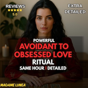 May include: An image featuring a woman with dark hair, with text overlayed. The text reads "POWERFUL AVOIDANT TO OBSESSED LOVE RITUAL SAME HOUR | DETAILED". The image also includes the text "REVIEWS 5.0" and "EXTRA DETAILED". The name "MADAME LUNEA" is also visible.
