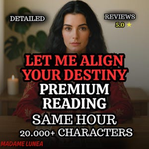 May include: Image featuring a woman with dark hair, with text overlayed. The text reads "LET ME ALIGN YOUR DESTINY PREMIUM READING SAME HOUR 20.000+ CHARACTERS." Additional text includes "DETAILED" and "REVIEWS 5.0". The name "MADAME LUNEA" is also present.