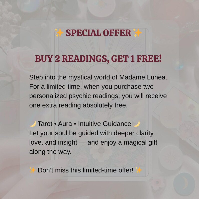 Może przedstawiać: Grafika promocyjna z tekstem oferującym specjalną ofertę: Kup 2 odczyty, a 1 otrzymasz gratis. Tekst promuje spersonalizowane odczyty psychiczne, w tym Tarota, Aurę i Intuicyjne Wskaz&oacute;wki.