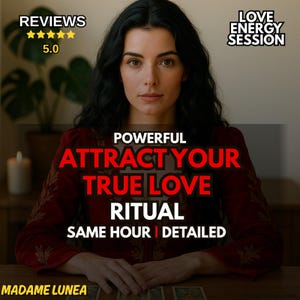 Puede incluir: Imagen de una mujer con cabello oscuro y una blusa roja. El texto superpuesto dice "POWERFUL ATTRACT YOUR TRUE LOVE RITUAL SAME HOUR | DETAILED." La esquina superior izquierda muestra "REVIEWS" con una calificación de 5.0. "LOVE ENERGY SESSION" está en la parte superior derecha.