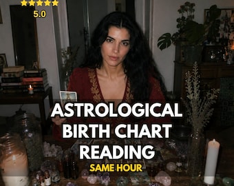 May include: A service listing for an Astrological Birth Chart Reading featuring text overlays that read REVIEWS 5.0, ASTROLOGICAL BIRTH CHART READING, SAME HOUR, and MADAME LUNEA. The image displays a person holding a tarot card at a table.
