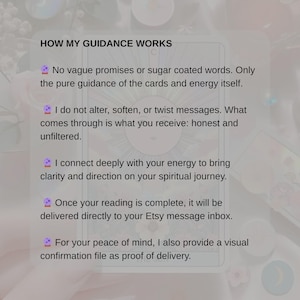 Może przedstawiać: Obraz cyfrowy z tekstem "HOW MY GUIDANCE WORKS". Tekst opisuje proces czytania, w tym uczciwość, jasność i dostawę za pośrednictwem skrzynki odbiorczej wiadomości Etsy. Zapewniony jest wizualny plik potwierdzający.