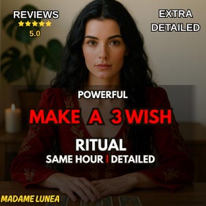 May include: An image featuring a woman with long dark hair, wearing a red dress. Text overlays read "REVIEWS 5.0", "EXTRA DETAILED", "POWERFUL MAKE A 3 WISH RITUAL SAME HOUR | DETAILED", and "MADAME LUNEA".