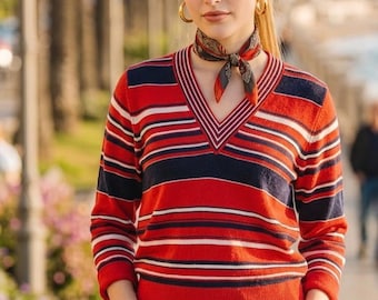 Klasyczny sweter w paski z włoskiej wełny z lat 90. – czerwony lub niebieski – miękki sweter w stylu retro