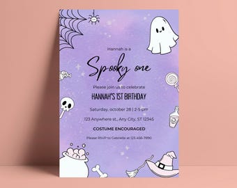 May include: A Halloween-themed invitation with a purple background and spooky illustrations. The text reads "Spooky one" and "Hannah's 1st Birthday." Includes a ghost, spiderweb, candy, and witch's hat.