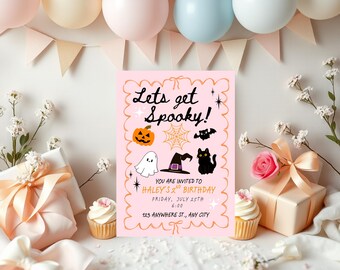 May include: A pink Halloween-themed invitation with the text "Let's get Spooky!" and illustrations of a pumpkin, ghost, witch hat, bat, and black cat. The invitation is for Haley's 2nd birthday.