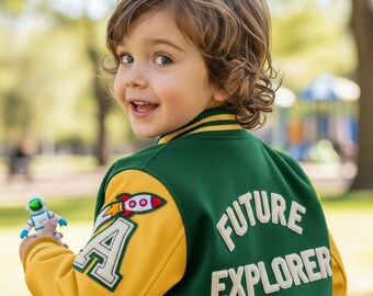 May include: A green and yellow varsity jacket with the words "FUTURE EXPLORER" on the back. The jacket has a rocket and the letter "A" on the sleeve. A small astronaut toy is held in the hand.