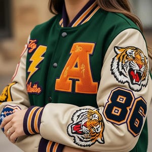 May include: Green varsity jacket with cream-colored sleeves. Features a large orange "A" patch, tiger head graphics, and the number "86". The jacket has a button-up front and striped cuffs.