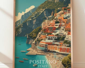 Positano Italy Travel Poster, Amalfi Coast Wall Art Print, Italian Coastal Village Art