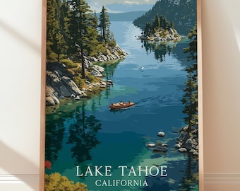 Lake Tahoe California Travel Poster, Mountain Lake Wall Art, Modern Cabin Decor