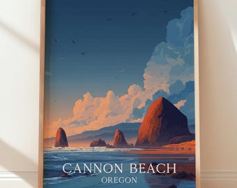 Póster de viaje de Cannon Beach, Oregón, impresión de paisaje de la costa de Oregón