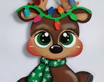 BIG EYED REINDEER paper piecing 3D die cut for premade scrapbook page album or card by Rhonda