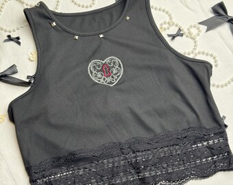 Handmade Embroidered Heart Top – Cute Sleeveless Shirt with Lace Hem