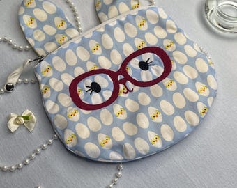 Easter Bunny Zipper Pouch, Handmade Rabbit Purse with Embroidered Face