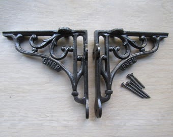 PAIR of Rustic iron shelf brackets Scaffold antique vintage GNER 5" Great Northern Eastern Railway old retro shelving brackets Iron finish