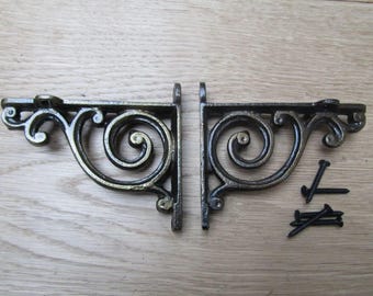 PAIR of Rustic iron shelf brackets Scaffold antique vintage old retro shelving brackets SWIRL ANTIQUE Brass