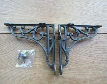PAIR of Rustic iron shelf brackets Scaffold antique vintage style VICTORIAN SCROLL 6" old vintage retro  shelving brackets Iron finish