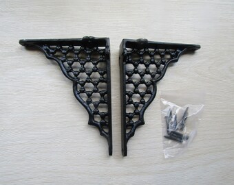 PAIR of Rustic iron shelf brackets Scaffold antique vintage 6"  LATTICE old retro shelving brackets Black antique finish