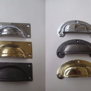 LIPPED CUP HANDLE  vintage cabinet handle cupboard drawer shell pull Polished chrome brass cast iron rustic retro upcycle restoration
