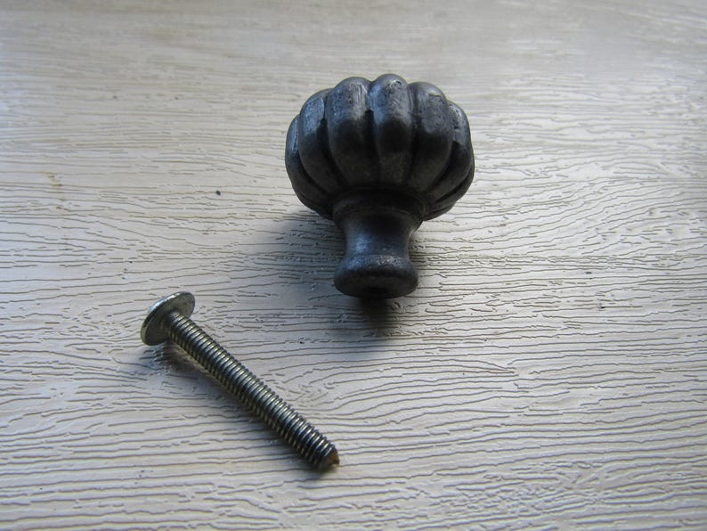 K&ouml;nnte beinhalten: Ein dunkelgrauer Schrankknauf aus Metall mit einer abgerundeten, geriffelten, k&uuml;rbisartigen Form und einem glatten, konischen Sockel. Neben dem Knauf liegt eine einzelne silberfarbene Metallschraube mit Flachkopf zur Befestigung des Beschlags.