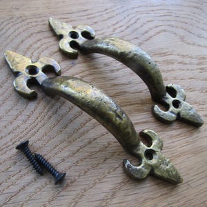May include: Two antique-style brass drawer pulls featuring a fleur-de-lis design at each end of the curved handle. The metal has a weathered, textured finish with visible dark patina. Two black metal screws are included with the hardware pieces.
