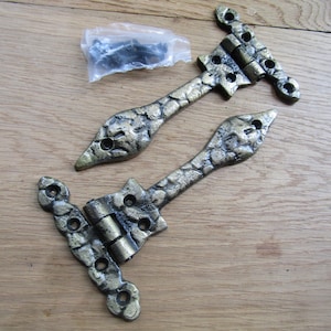 Pode incluir: Duas dobradiças de metal em forma de T com um acabamento em latão envelhecido e texturizado. Cada dobradiça apresenta uma tira longa e cónica com uma superfície decorativa de estilo martelado e vários orifícios para parafusos pré-perfurados. Inclui um pequeno saco de plástico com parafusos.