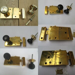 May include: A collection of brass rim locks featuring rectangular plates and various door knobs, including smooth black, ribbed black, and polished brass finishes. The set includes matching strike plates, spindles, and small mounting screws.