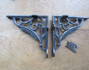 PAIR of Rustic iron shelf brackets Scaffold antique vintage 6" SINGER CORP old retro shelving brackets Iron finish
