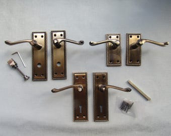 Antike Messing GEORGIAN Hebel Türgriffe Hebelschloss / Riegel / Bad Einsteckschloss rustikale Türgriffe alte englische Seilkante Vintage Türgriffe