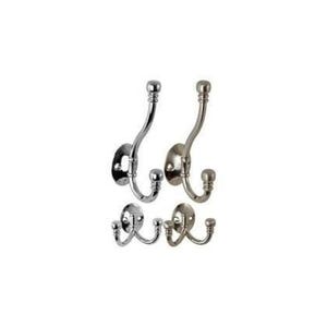May include: A collection of four metal wall hooks in silver and brushed nickel finishes. Two hooks feature a tall, single-arm design with a ball-tipped end, while two smaller hooks have a double-arm configuration with ball-tipped ends.