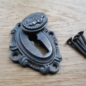 Könnte beinhalten: Ein Schlüsselloch-Beschlag aus dunkelgrauem Metall mit einem ovalen Klappdeckel, der ein florales Reliefdesign und dekorative Schnörkelkanten aufweist. Die Platte hat vier Befestigungslöcher und wird mit drei passenden schwarzen Metallschrauben geliefert.