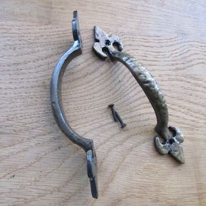 Könnte beinhalten: Zwei dunkle Metall-Schrankgriffe mit strukturierter Oberfläche und Enden im Fleur-de-Lis-Stil. Jeder Griff verfügt über zwei Befestigungslöcher an den Enden. Eine einzelne kleine schwarze Metallschraube liegt zwischen den beiden Griffen.